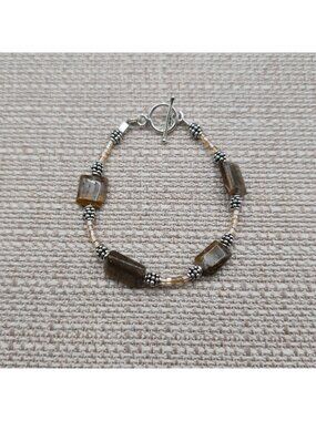6.25 Inch Sterling Silver Brown Tiger Eye Rectangle Stone Bracelet A9109